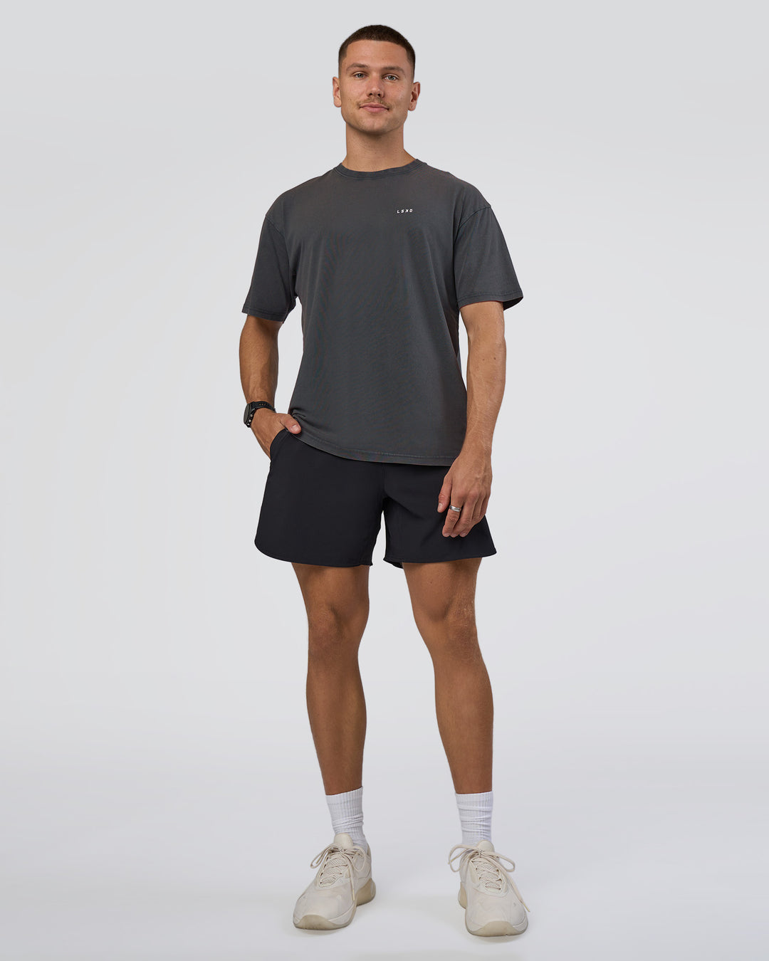 Man wearing Lifting FLXCotton Oversized Tee - Black Washed-Flame | Model:Nikola | Size:L