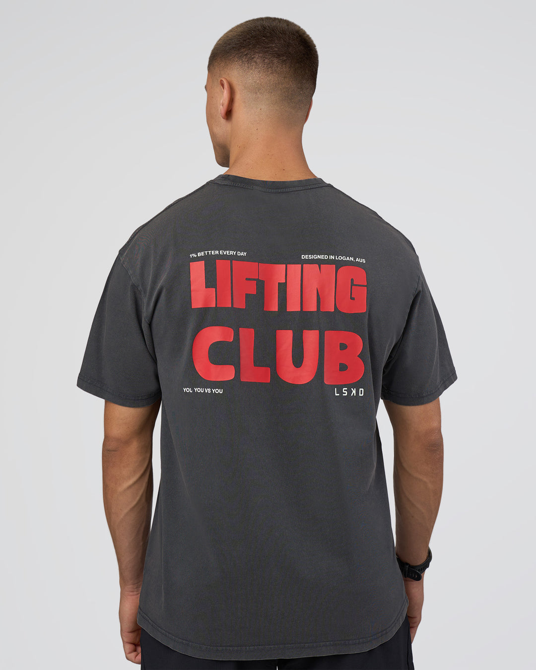 Man wearing Lifting FLXCotton Oversized Tee - Black Washed-Flame | Model:Nikola | Size:L