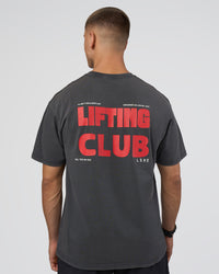 Man wearing Lifting FLXCotton Oversized Tee - Black Washed-Flame | Model:Nikola | Size:L