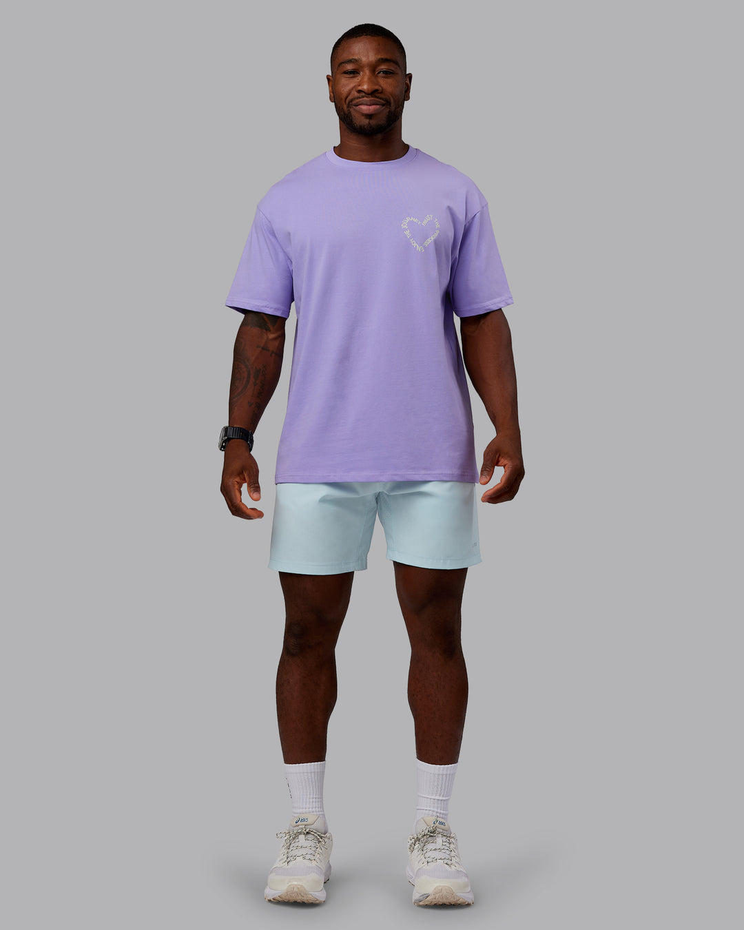 Man wearing Love The Process FLXCotton Oversize Tee - Violet Ray-Bone | Model:Sam | Size:L
