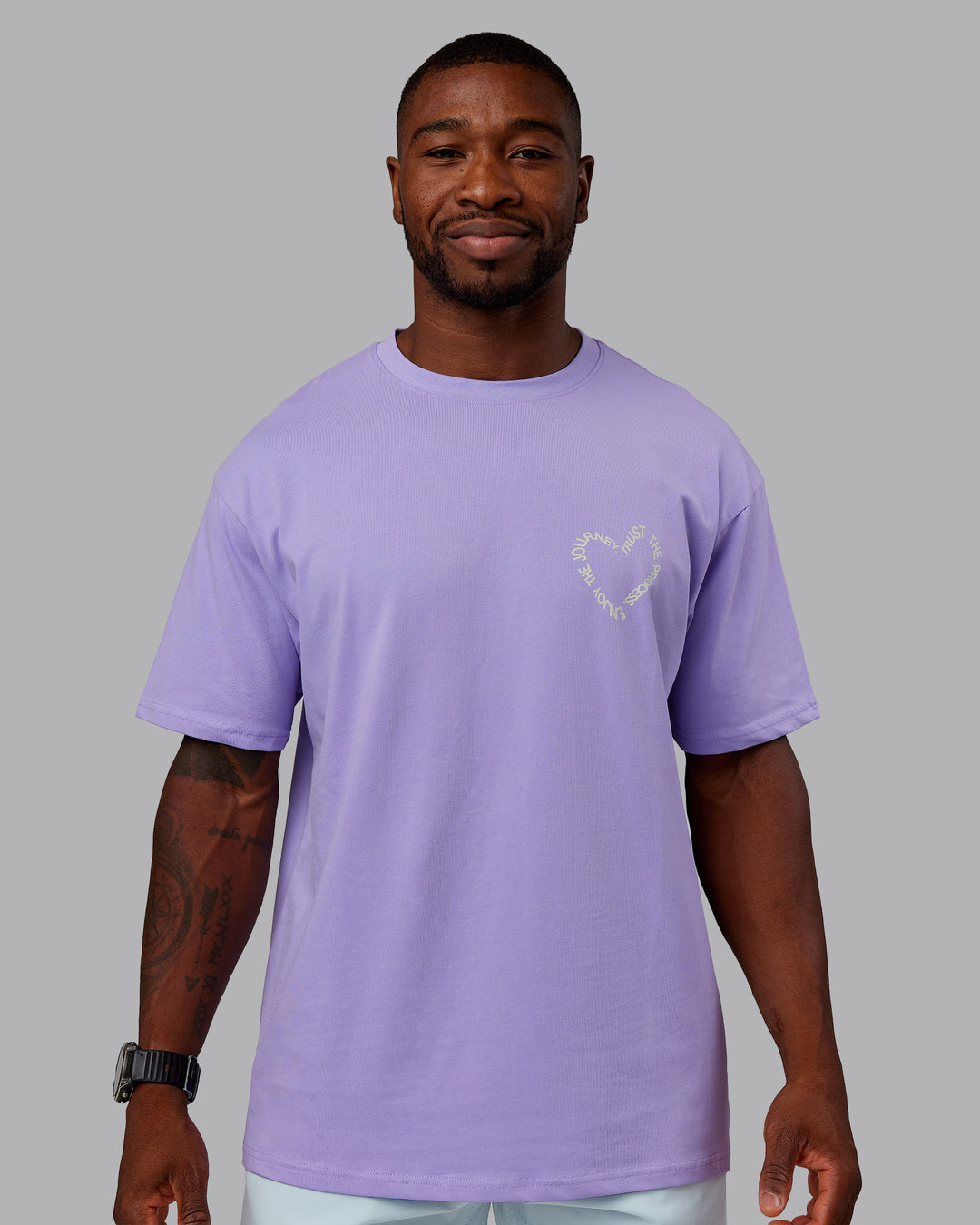 Man wearing Love The Process FLXCotton Oversize Tee - Violet Ray-Bone | Model:Sam | Size:L
