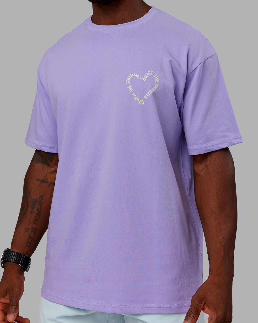 Man wearing Love The Process FLXCotton Oversize Tee - Violet Ray-Bone | Model:Sam | Size:L