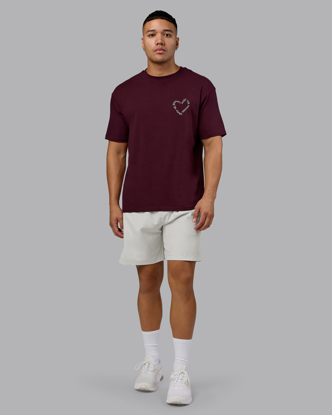 Man wearing Love The Process FLXCotton Oversize Tee - Cherry Lacquer-Shale Beige | Model:Kaelyb | Size:L
