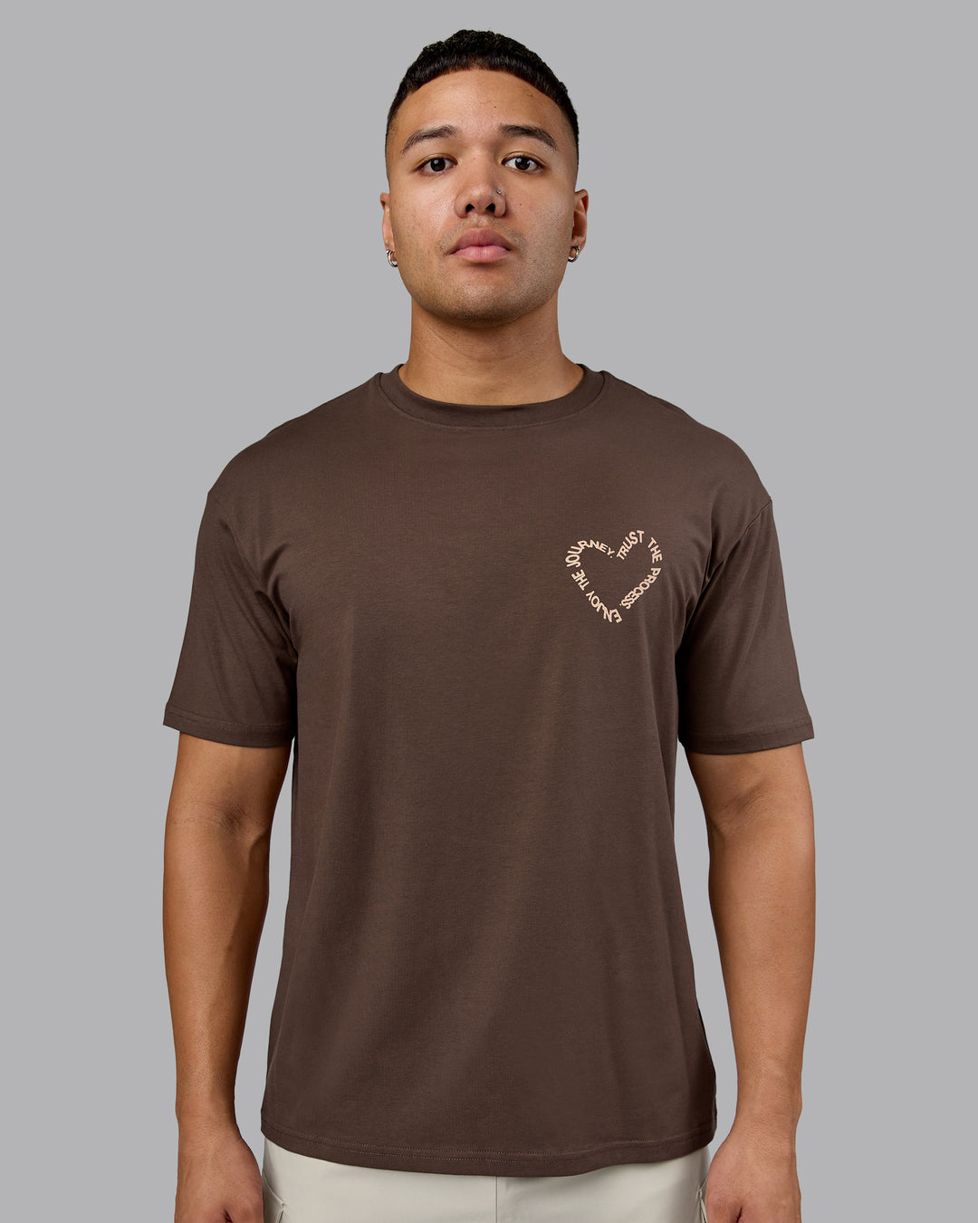 Man wearing Love The Process FLXCotton Oversize Tee - Chocolate Martini-Warm Smoke | Model:Kaelyb | Size:L