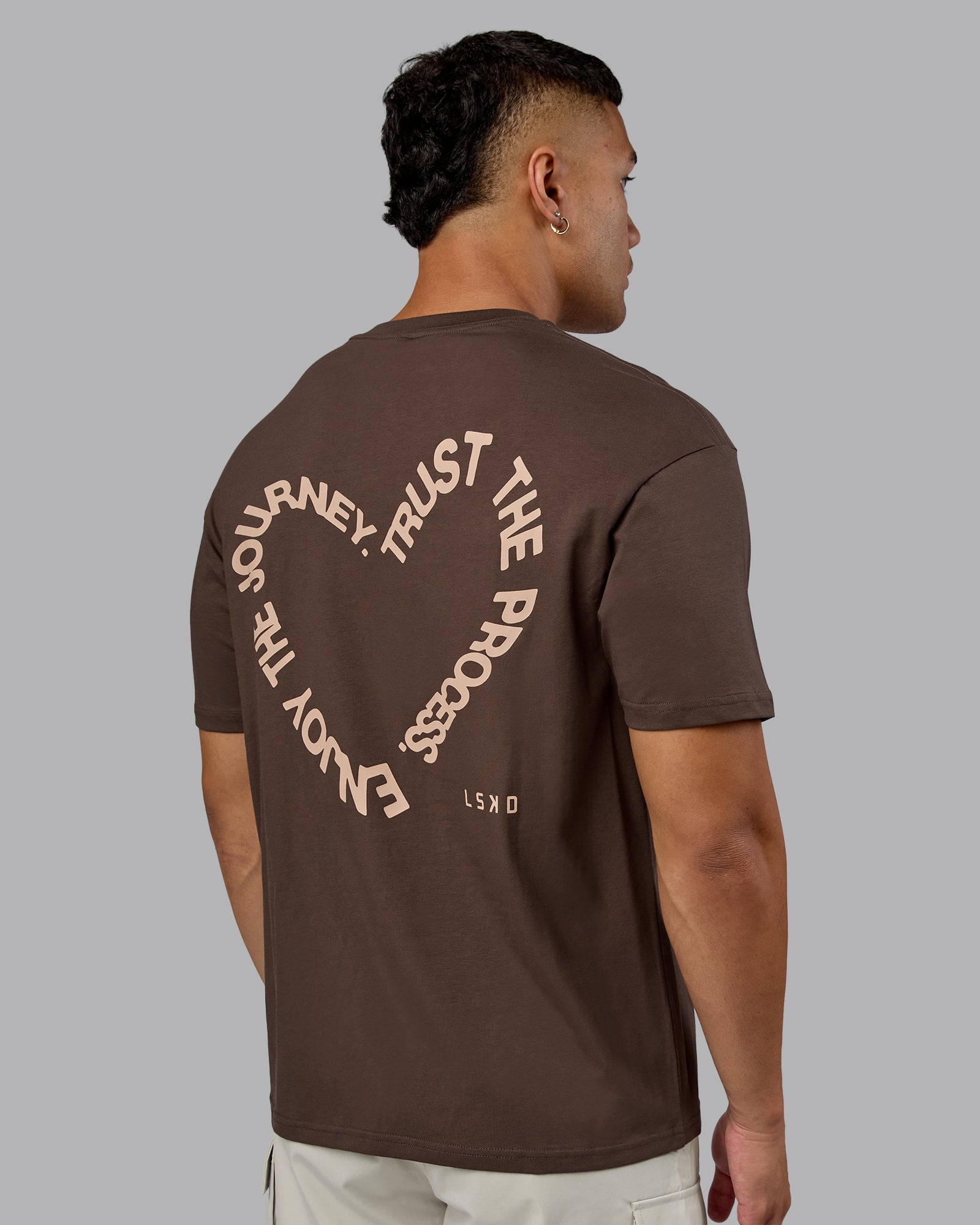 Man wearing Love The Process FLXCotton Oversize Tee - Chocolate Martini-Warm Smoke | Model:Kaelyb | Size:L