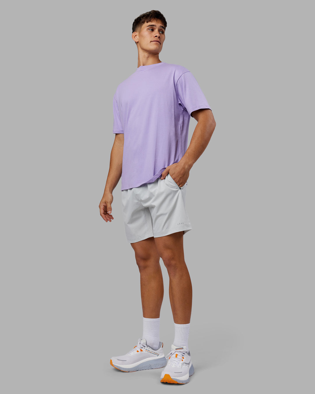Man wearing Love The Run FLXCotton Tee Oversize - Violet Ray-Royal Purple | Model:Jackson | Size:L