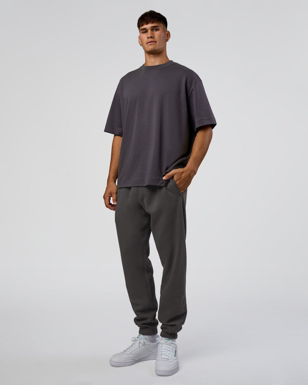Man wearing MVP Cuffed Track Pant - Dark Storm | Model:Jackson | Size:L