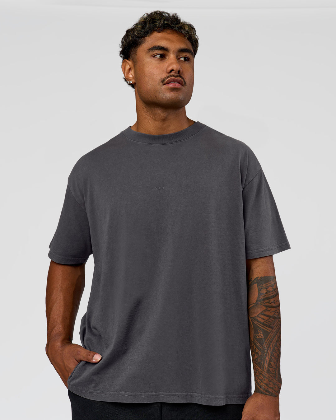 Man wearing Memory in Motion Heavyweight Oversized Tee - Dark Storm Washed | Model:Xav | Size:L