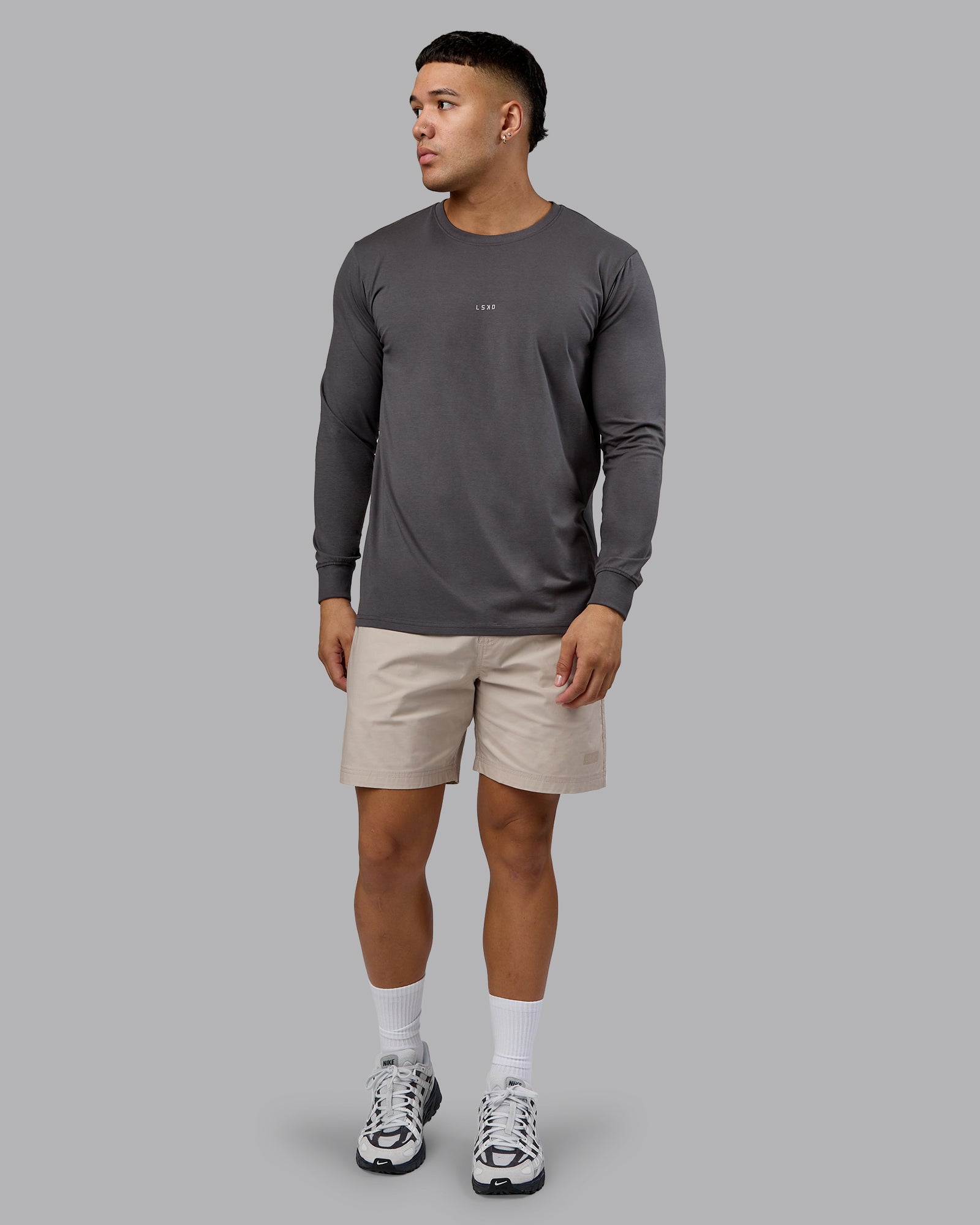 Man wearing Base FLXCotton Long Sleeve Tee - Dark Storm | Model:Kaelyb | Size:L