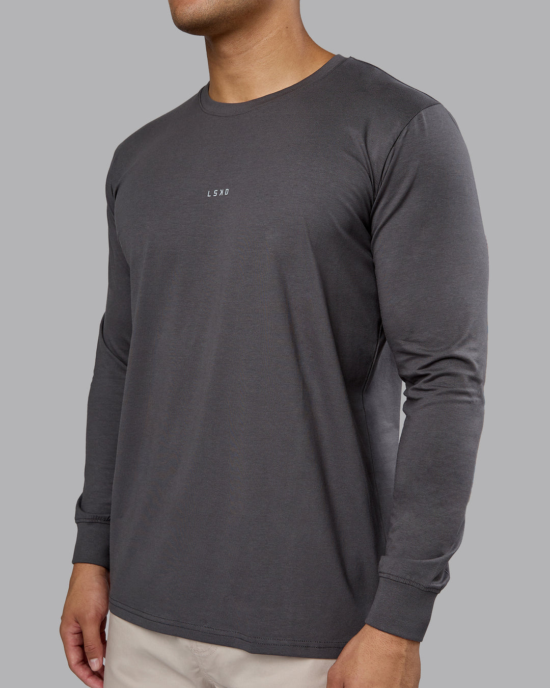 Man wearing Base FLXCotton Long Sleeve Tee - Dark Storm | Model:Kaelyb | Size:L
