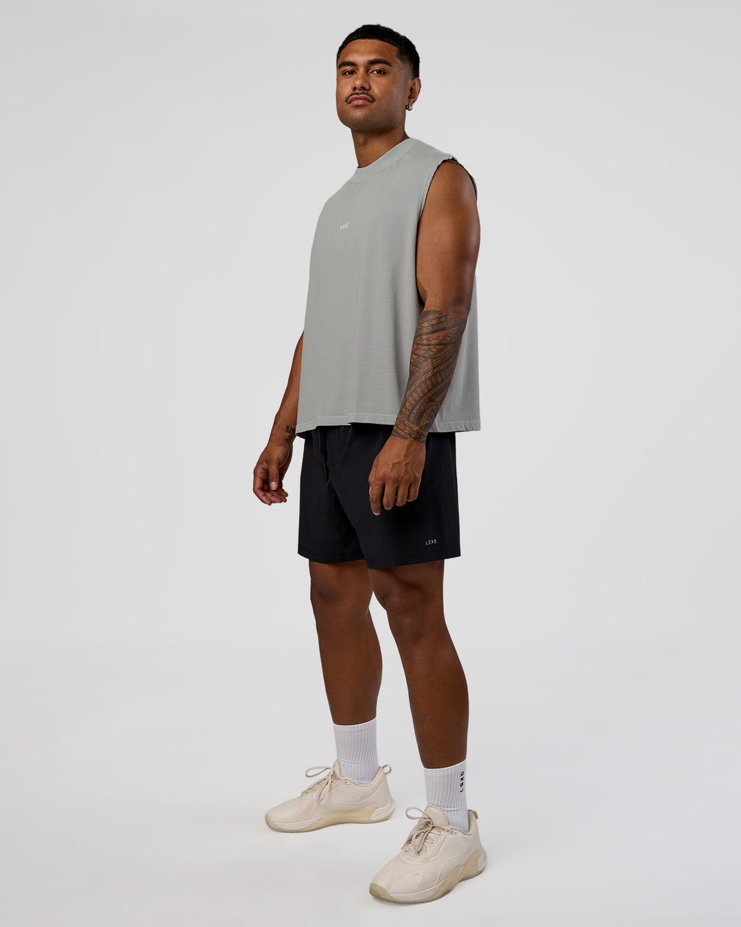 Man wearing Oversized Heavyweight Boxed Tank - Light Grey Marl | Model:Xav | Size:L