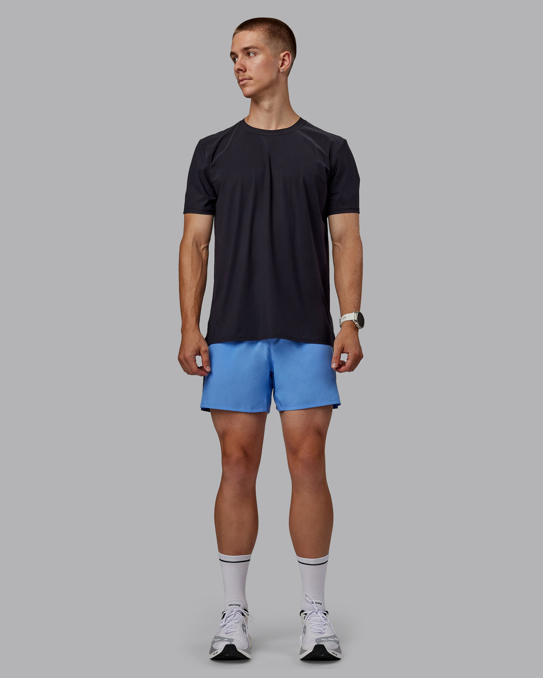 Man wearing Pace 5&quot; Lined Performance Shorts - Midnight Blue-Ultramarine