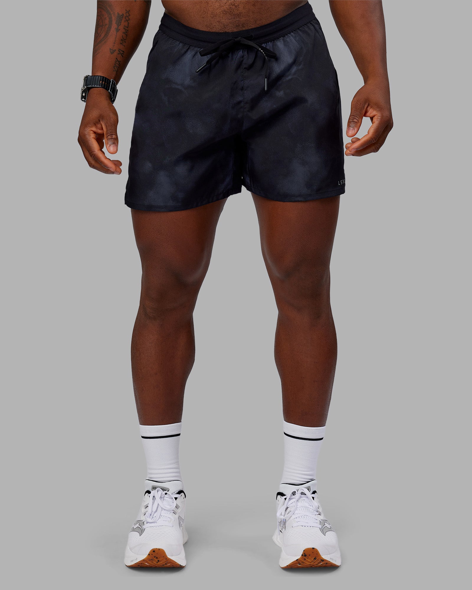 Man wearing Pace 5" Lined Performance Short - Washed Black | Model:Sam | Size:L