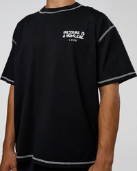 Man wearing Pressure is Privilege Oversized Tee - Black-White | Model:Jackson | Size:L