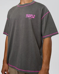 Man wearing Pressure is Privilege Oversized Tee - Dark Storm Washed-Ultra Fuchsia | Model:Jackson | Size:L