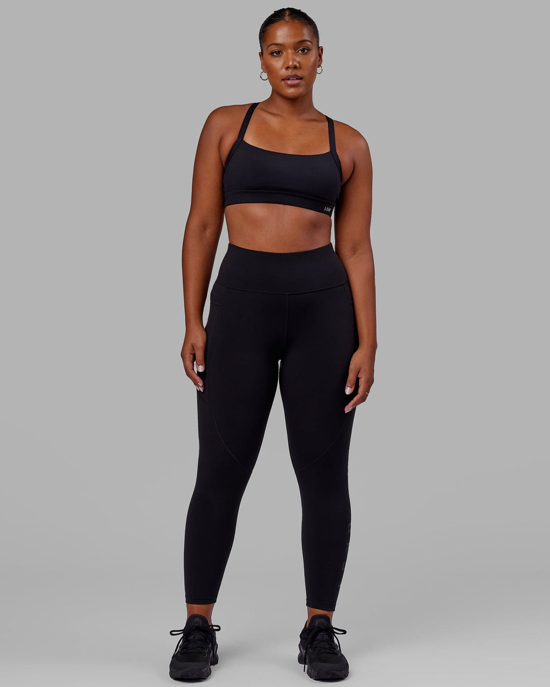 Woman wearing Rep Ultra High-Rise Full Length Legging Pockets - Black-Black | Model:Sierra | Size:L