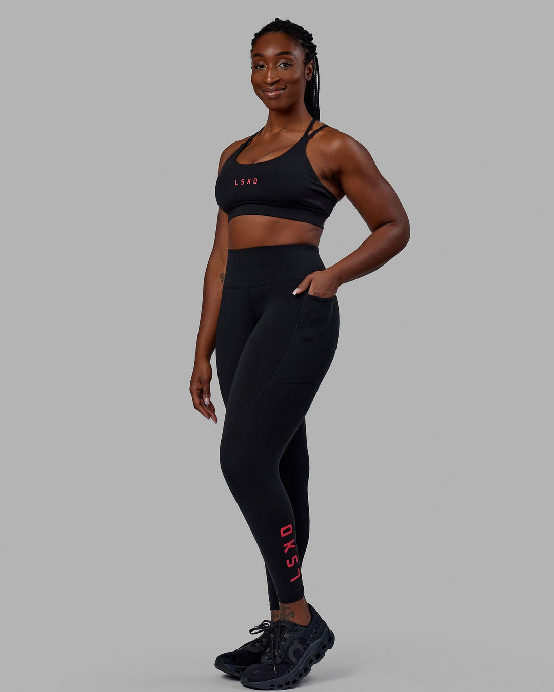 Woman wearing Rep Full Length Tights - Black-Raspberry