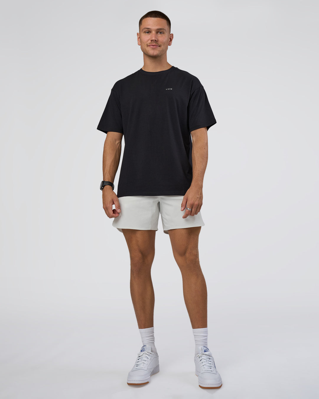 Man wearing Research Department FLXCotton Oversized Tee - Black | Model:Nikola | Size:L