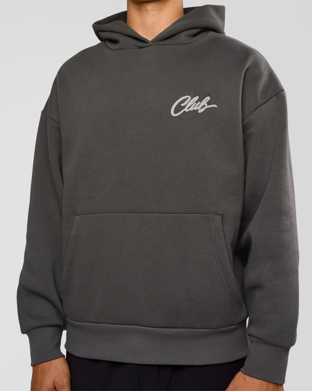 Man wearing Run Club Script Oversized Hoodie - Dark Storm-Alloy | Model:Jackson | Size:L