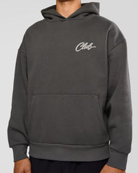 Man wearing Run Club Script Oversized Hoodie - Dark Storm-Alloy | Model:Jackson | Size:L