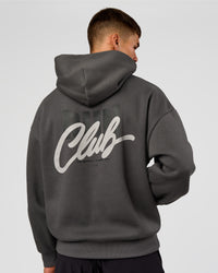 Man wearing Run Club Script Oversized Hoodie - Dark Storm-Alloy | Model:Jackson | Size:L