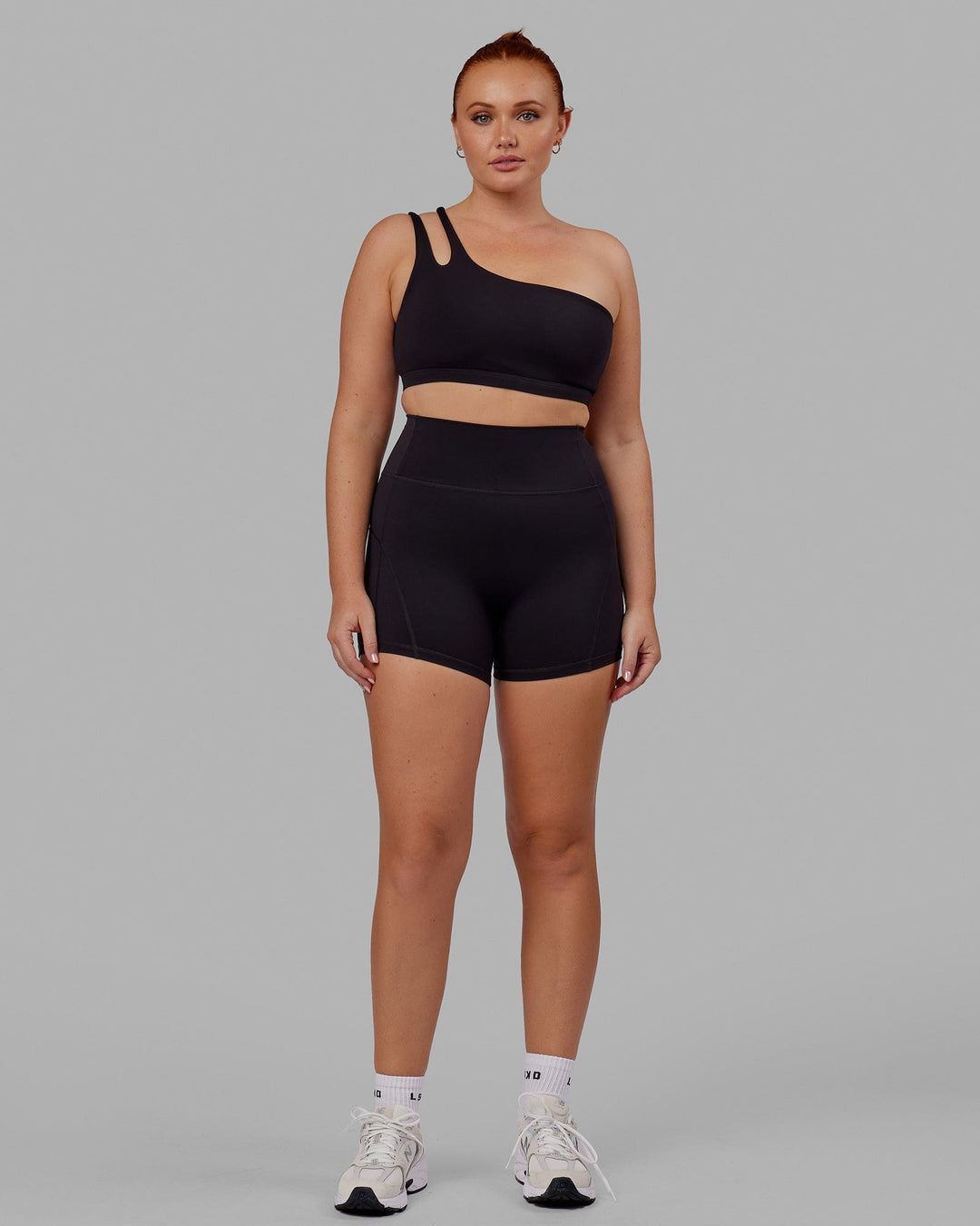 Woman wearing Set Up Sports Bra - Black