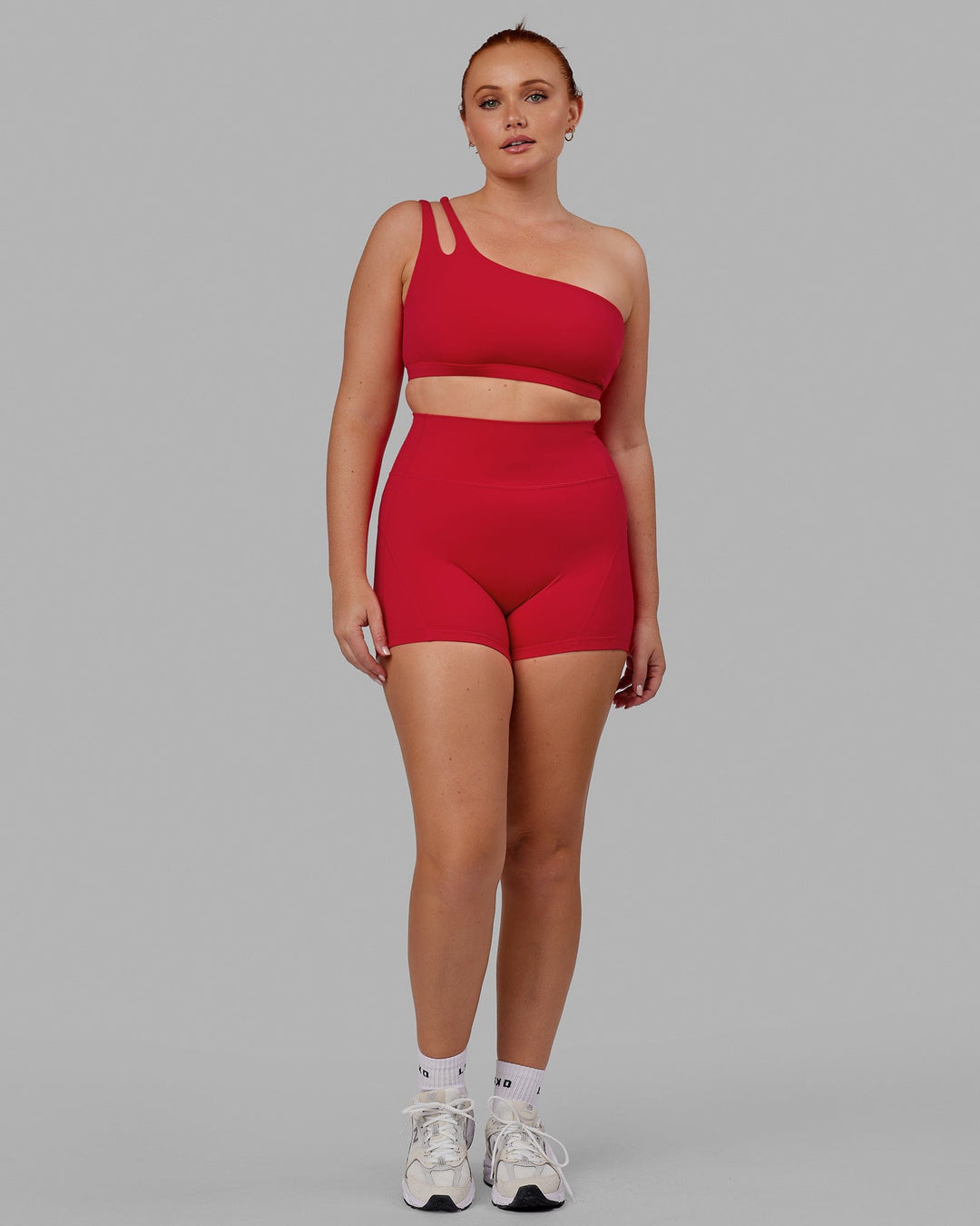 Woman wearing Set Up Sports Bra - Scarlet