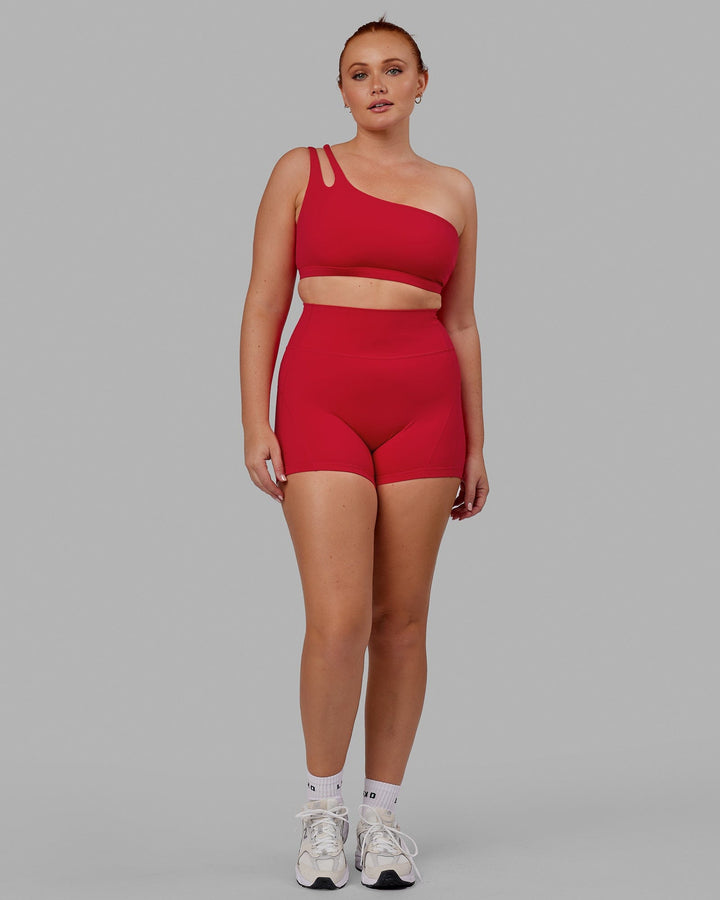 Woman wearing Set Up Sports Bra - Scarlet