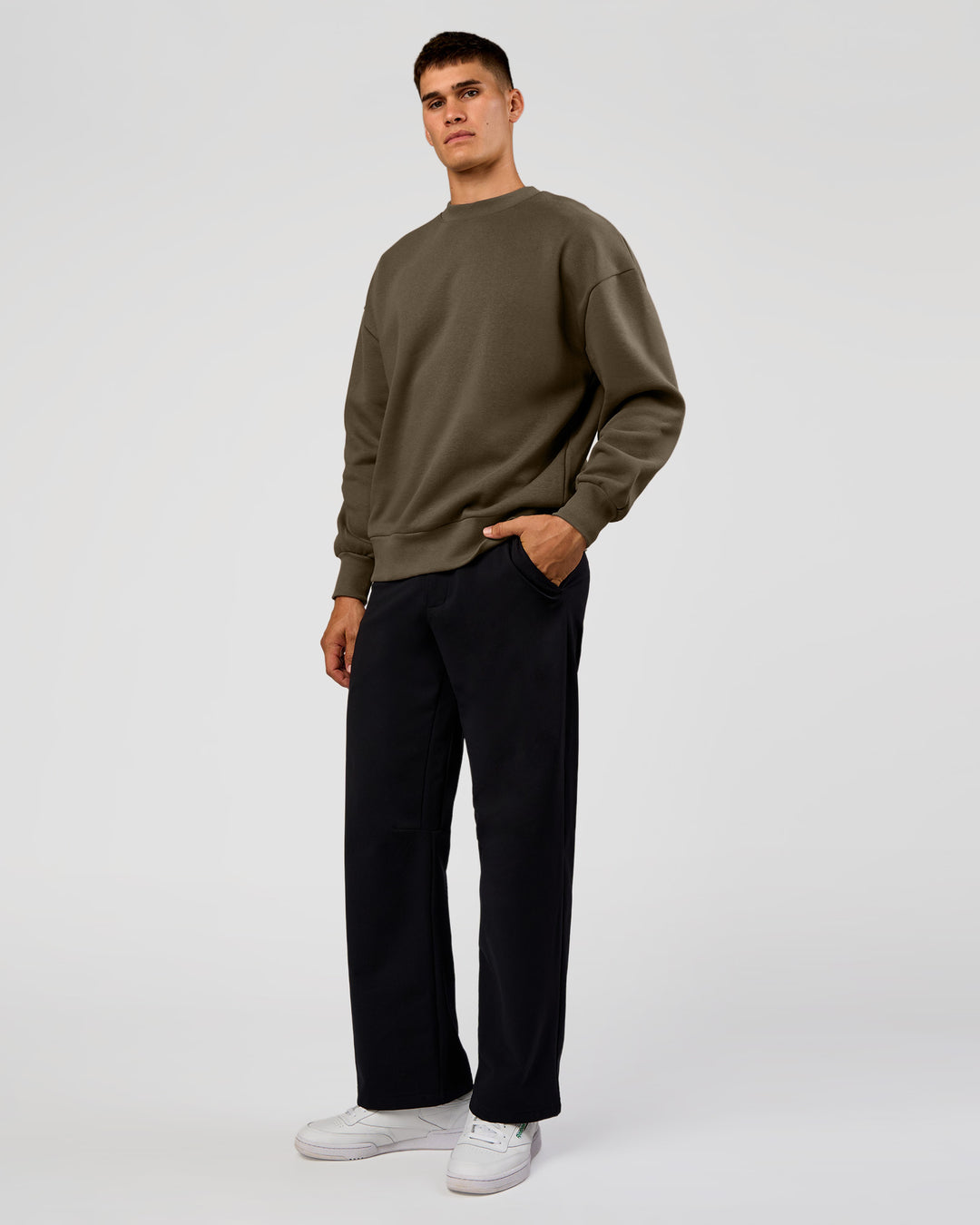 Man wearing Shadow Mode Oversized Sweater - Walnut Grey | Model:Jackson | Size:L
