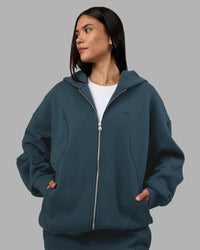 Woman wearing Stream Oversized Panel Zip Hoodie - Deep Sea | Model:Rhiley | Size:L