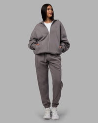 Woman wearing Stream Oversized Panel Zip Hoodie - Storm Front | Model:Rhiley | Size:L