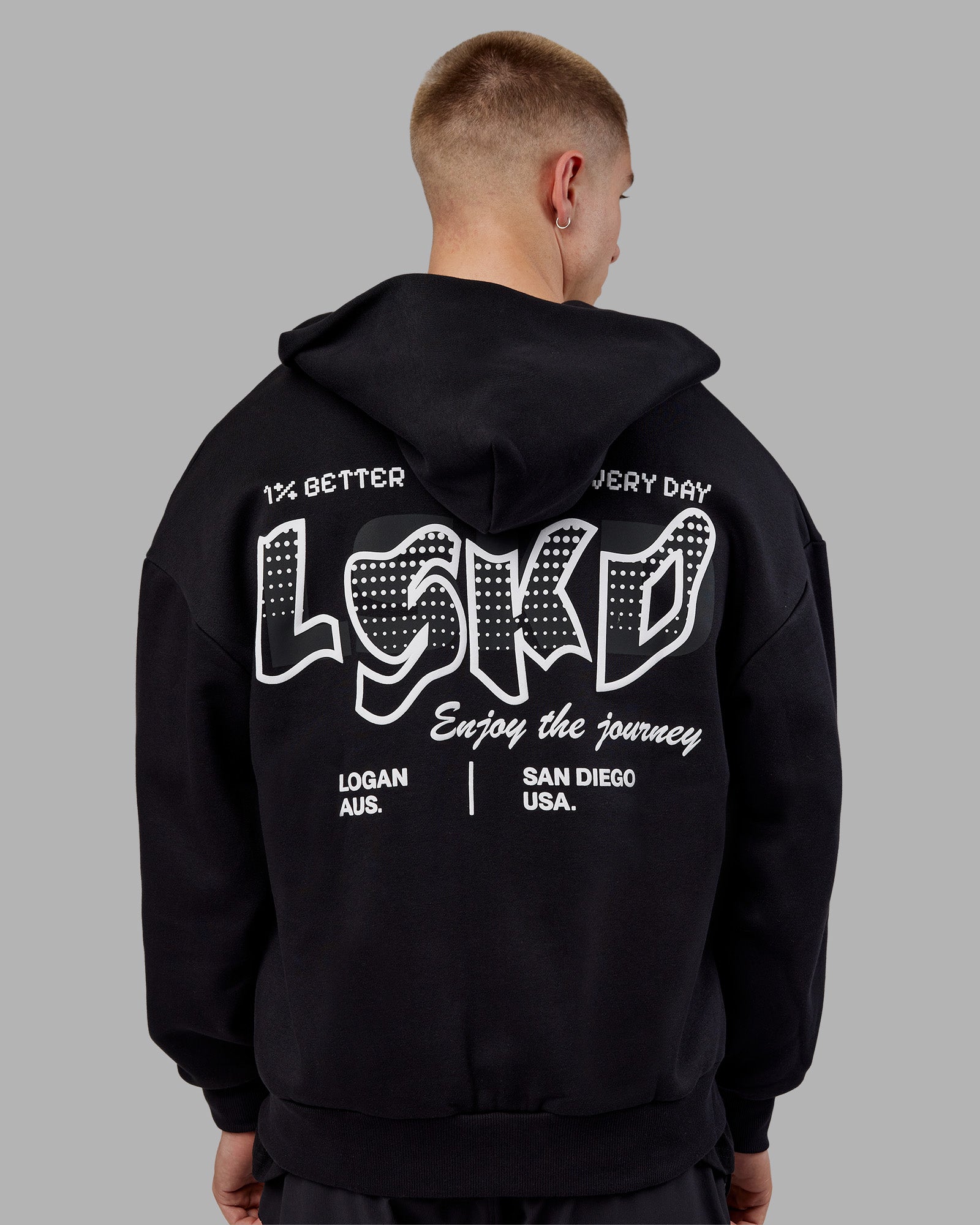 Man wearing Time's up Unisex Oversized Zip Hoodie - Black-White | Model:Tom | Size:L