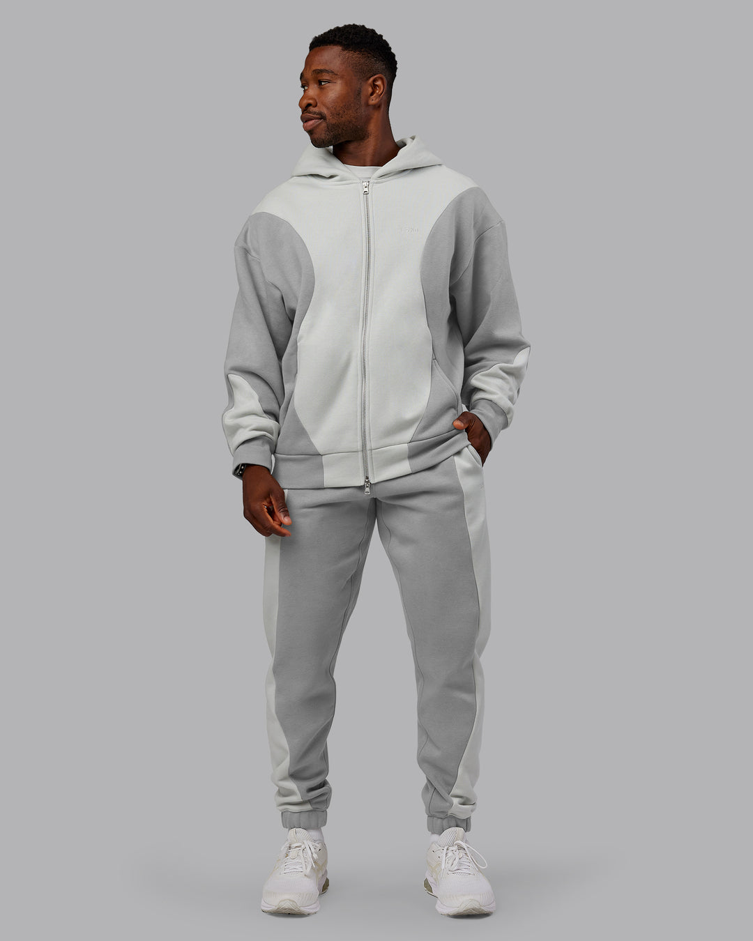Man wearing Stream Oversized Panel Zip Hoodie - Circular Grey-Digital Mist | Model:Sam | Size:L