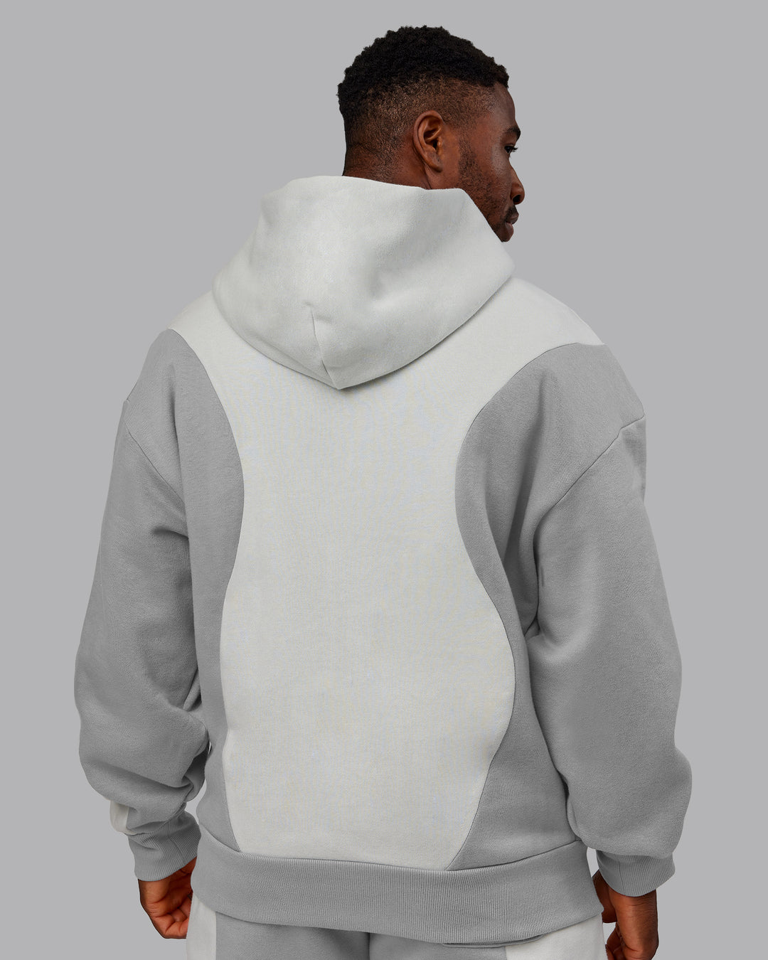 Man wearing Stream Oversized Panel Zip Hoodie - Circular Grey-Digital Mist | Model:Sam | Size:L