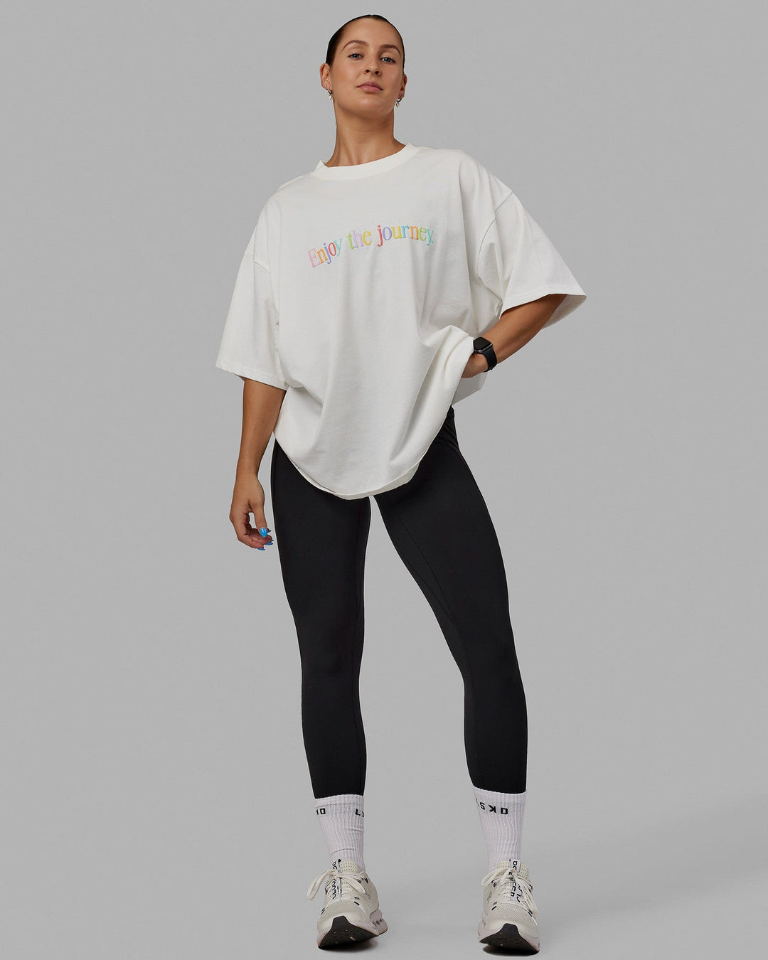 Woman wearing Unisex Enjoy The Journey Heavyweight Tee Oversize - Off White-Multi