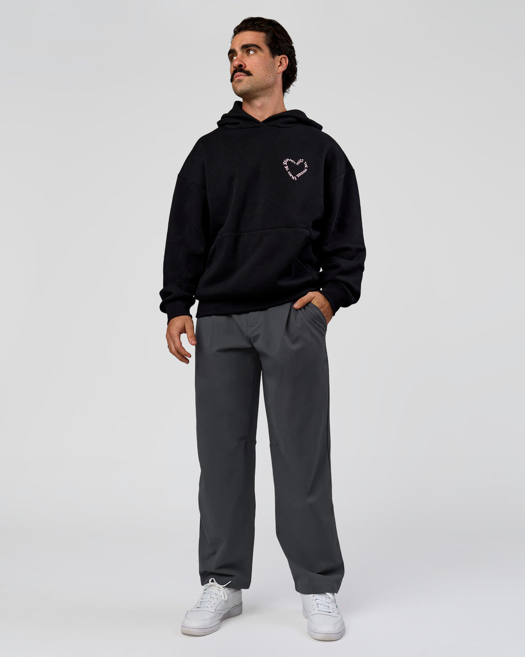 Man wearing Unisex Love The Process Oversize Hoodie - Black-Marshmallow | Model:Adam | Size:L