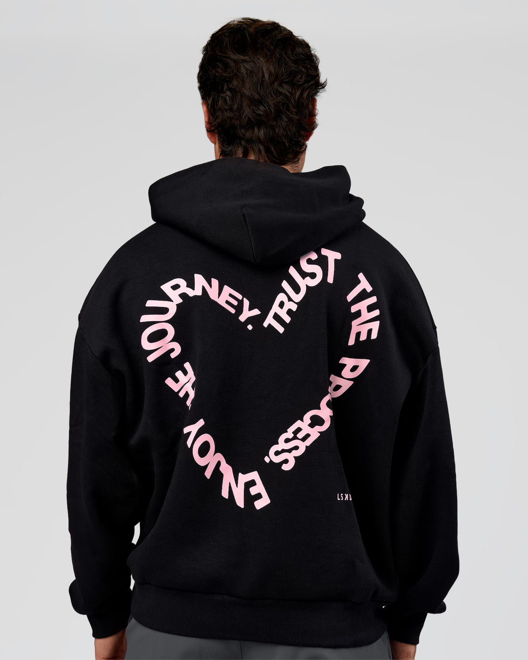 Man wearing Unisex Love The Process Oversize Hoodie - Black-Marshmallow | Model:Adam | Size:L