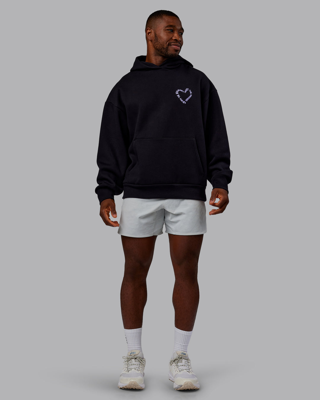 Man wearing Unisex Love The Process Oversize Hoodie - Black-Violet Ray | Model:Sam | Size:L
