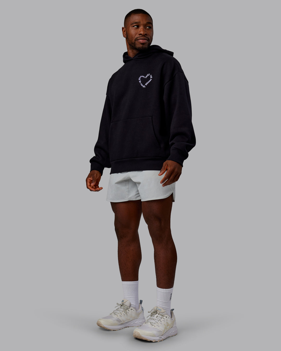 Man wearing Unisex Love The Process Oversize Hoodie - Black-Violet Ray | Model:Sam | Size:L