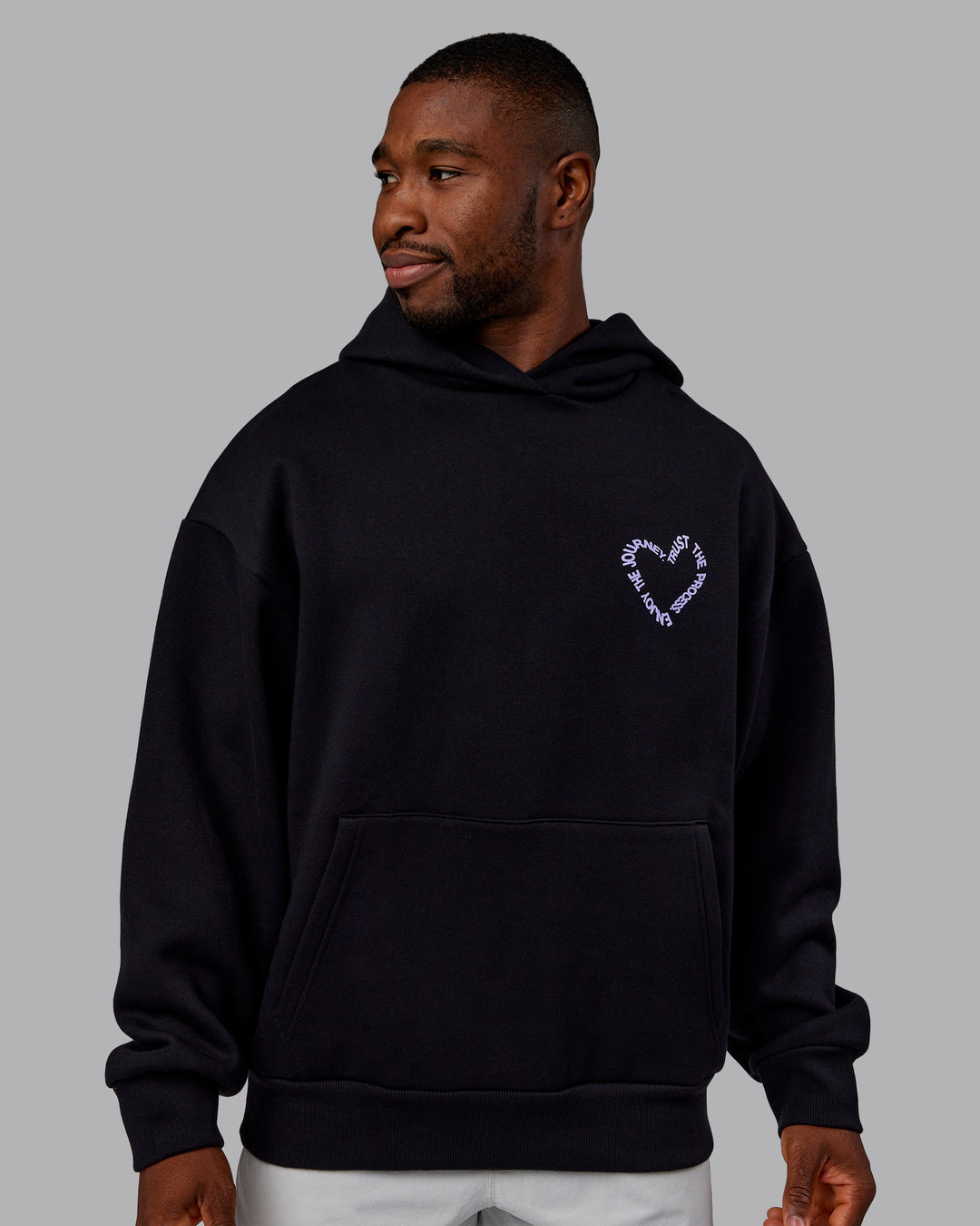 Man wearing Unisex Love The Process Oversize Hoodie - Black-Violet Ray | Model:Sam | Size:L