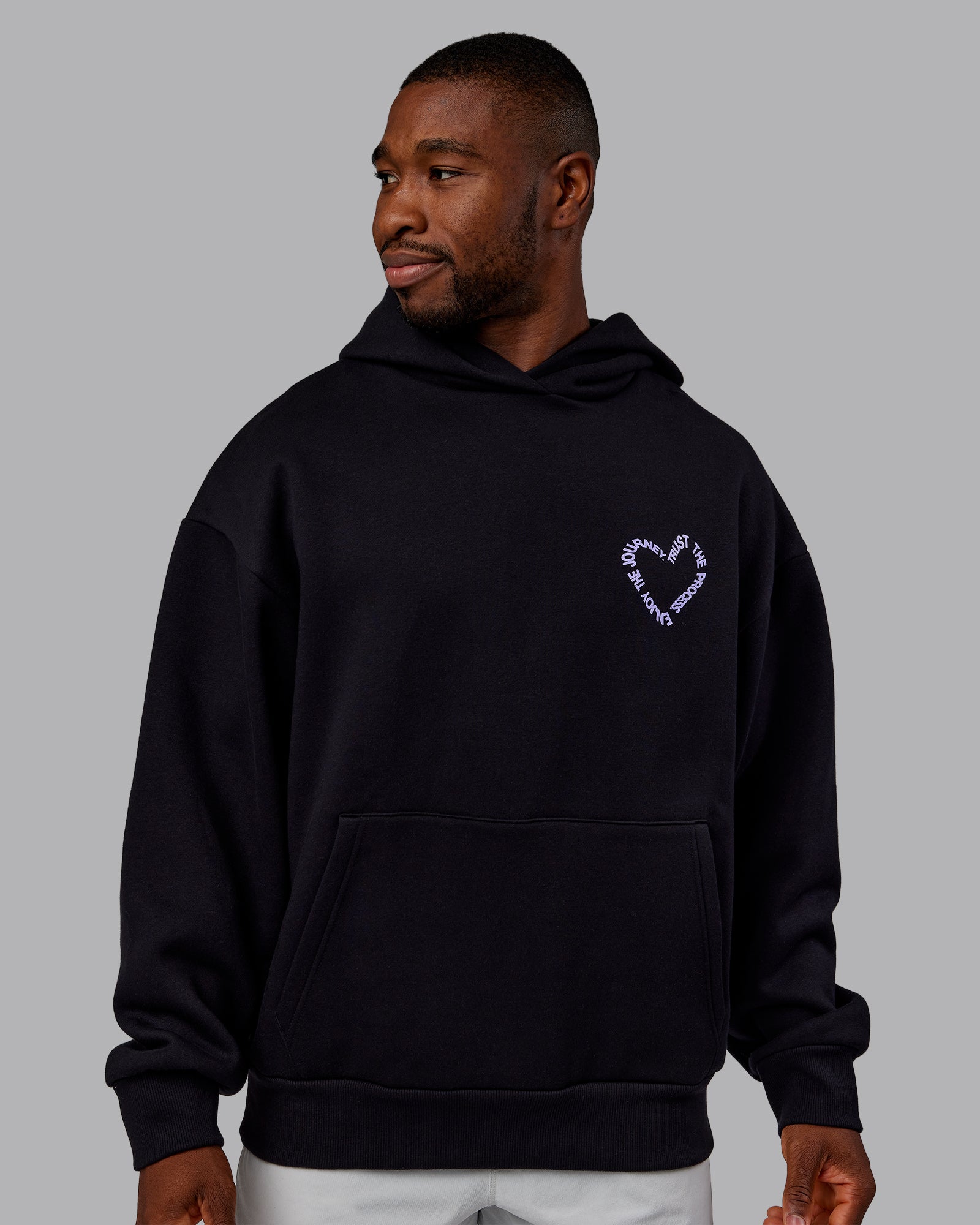 Man wearing Unisex Love The Process Oversize Hoodie - Black-Violet Ray | Model:Sam | Size:L