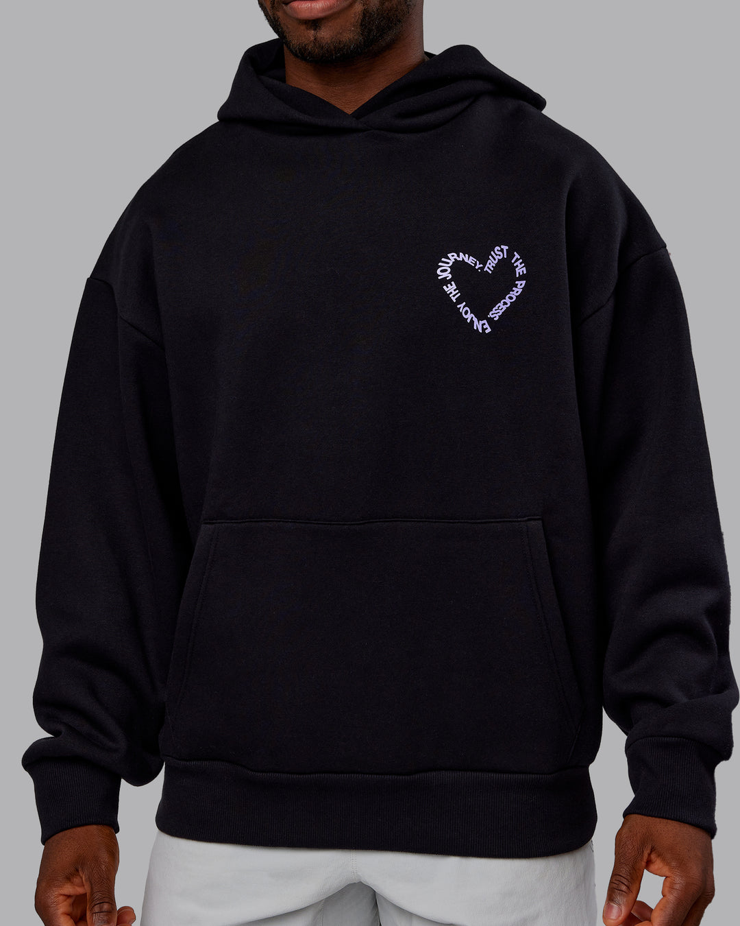 Man wearing Unisex Love The Process Oversize Hoodie - Black-Violet Ray | Model:Sam | Size:L