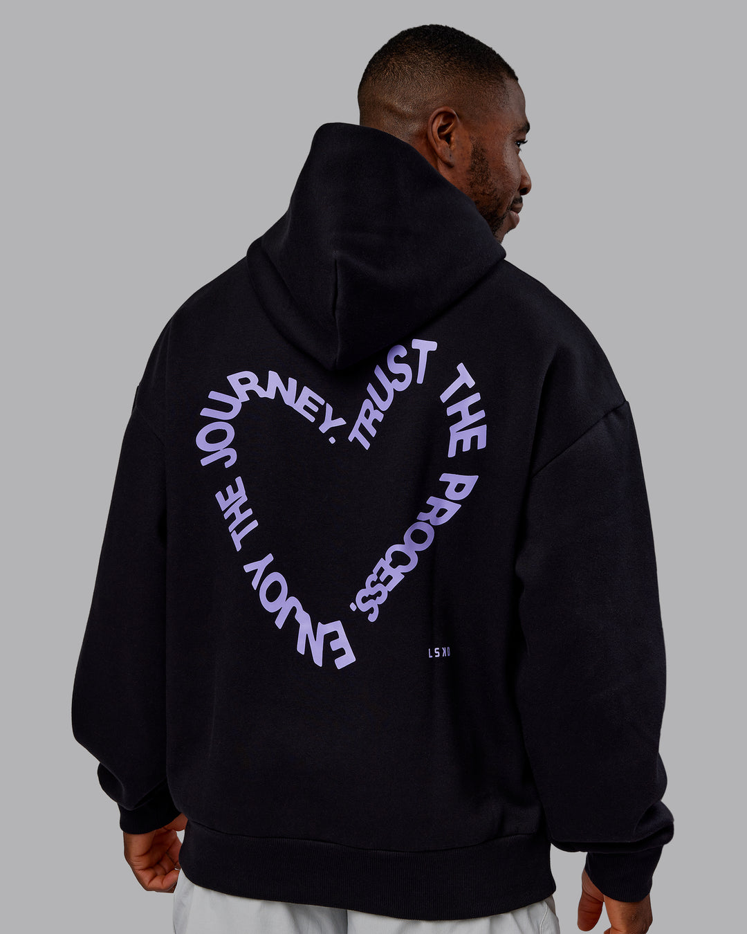 Man wearing Unisex Love The Process Oversize Hoodie - Black-Violet Ray | Model:Sam | Size:L