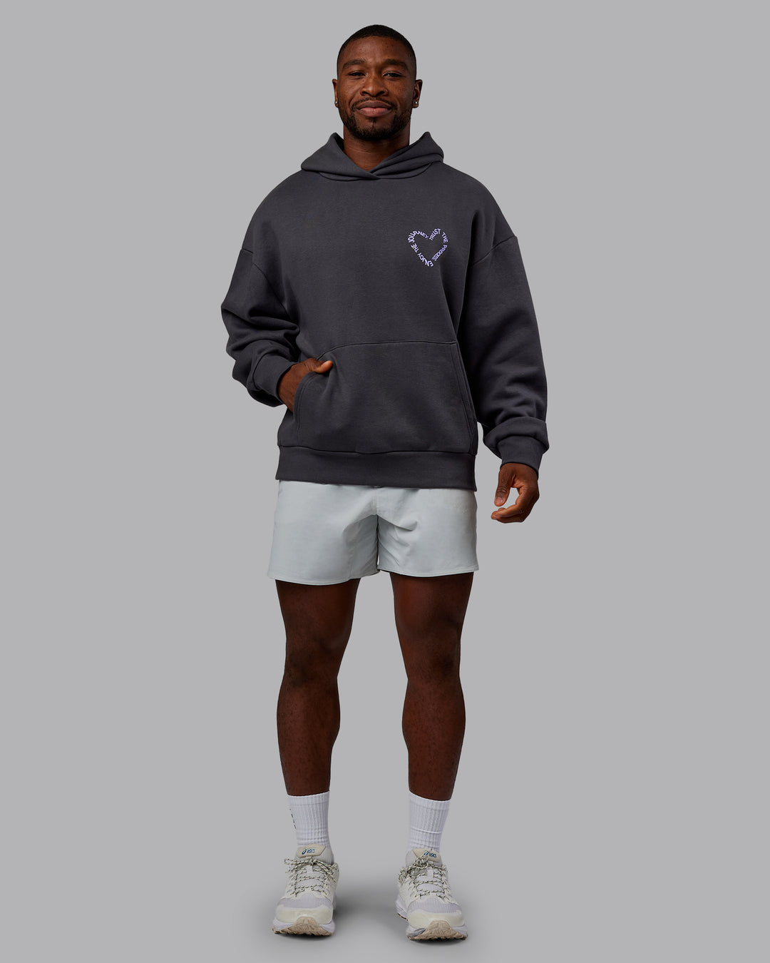 Man wearing Unisex Love The Process Oversize Hoodie - Dark Storm-Violet Ray | Model:Sam | Size:L