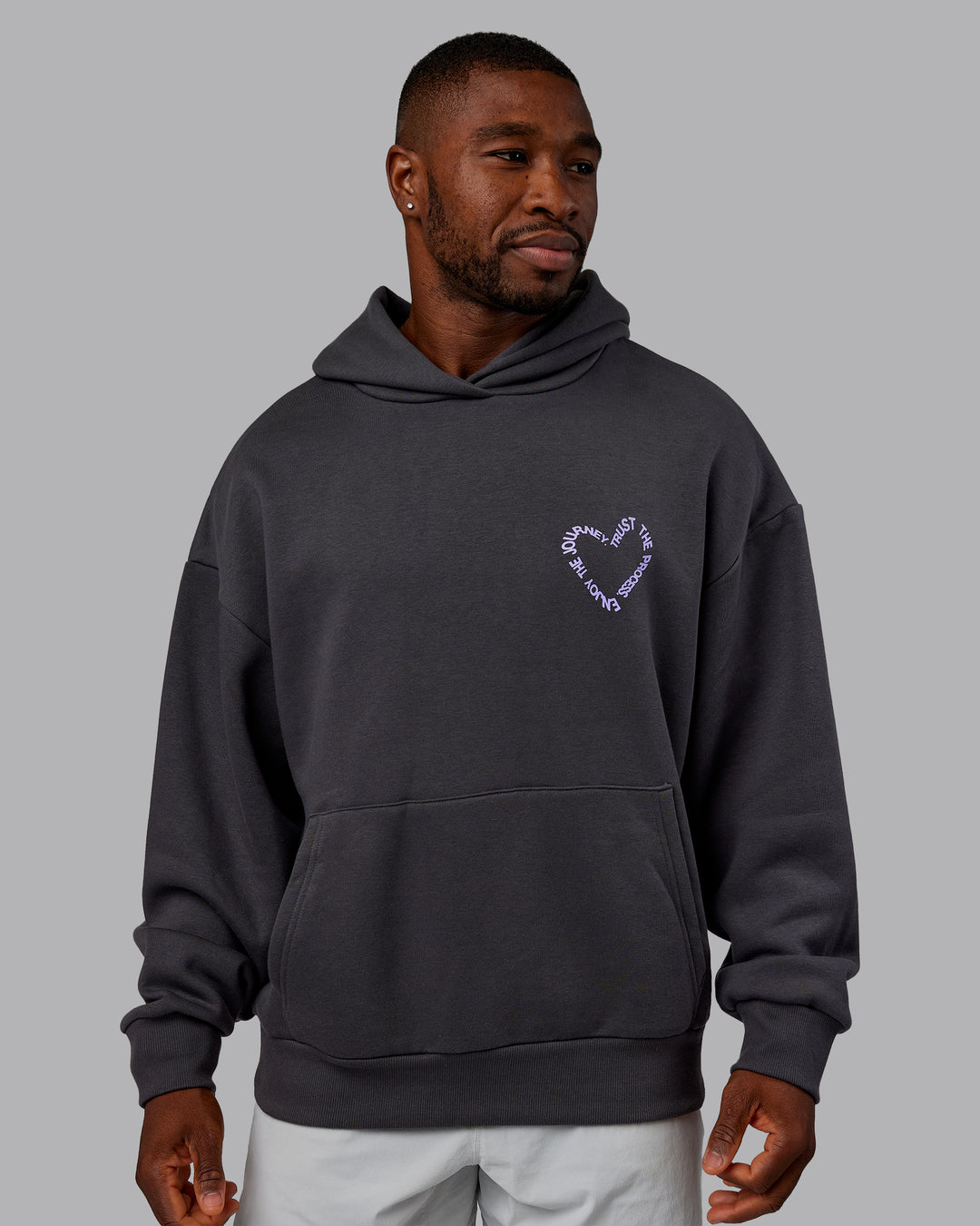 Man wearing Unisex Love The Process Oversize Hoodie - Dark Storm-Violet Ray | Model:Sam | Size:L