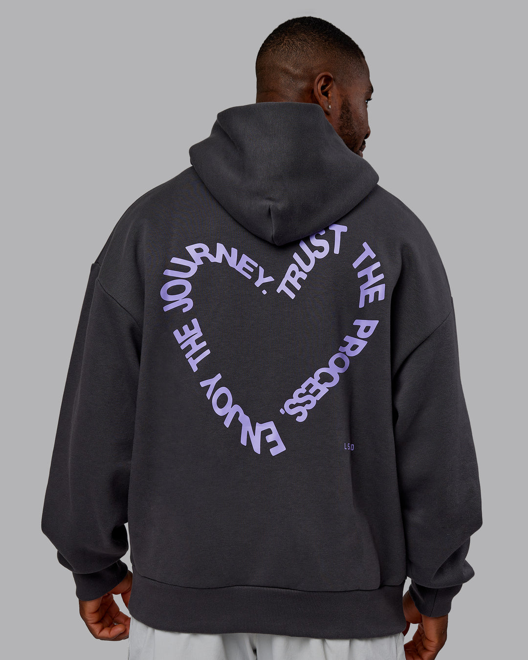 Man wearing Unisex Love The Process Oversize Hoodie - Dark Storm-Violet Ray | Model:Sam | Size:L