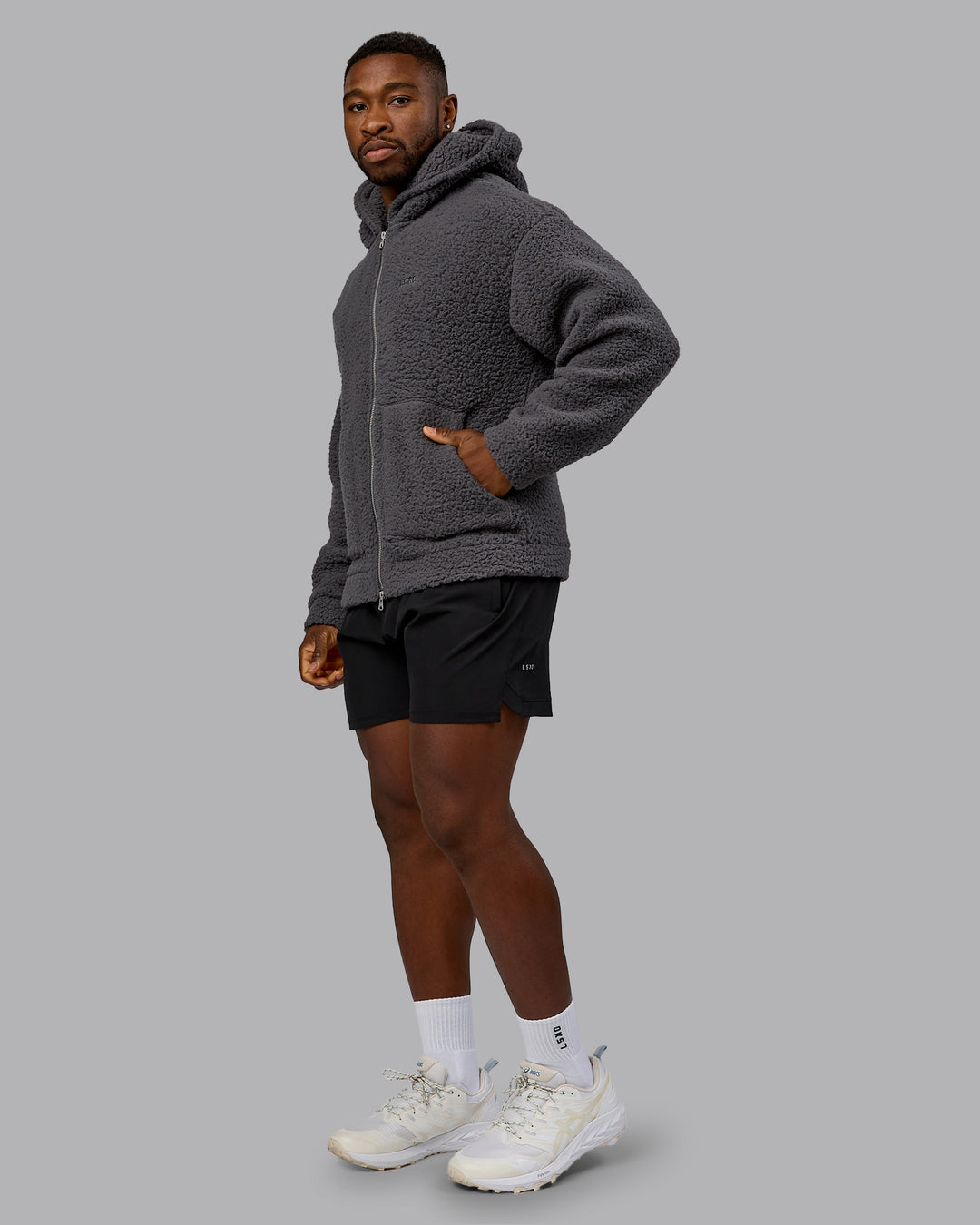 Man wearing Sherpa Oversized Jacket - Dark Storm | Model:Sam | Size:L