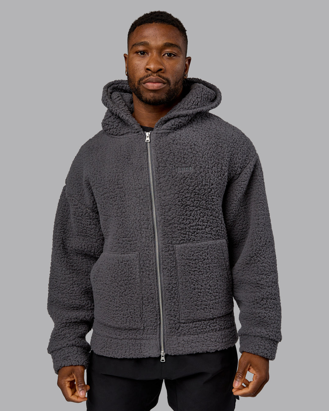 Man wearing Sherpa Oversized Jacket - Dark Storm | Model:Sam | Size:L