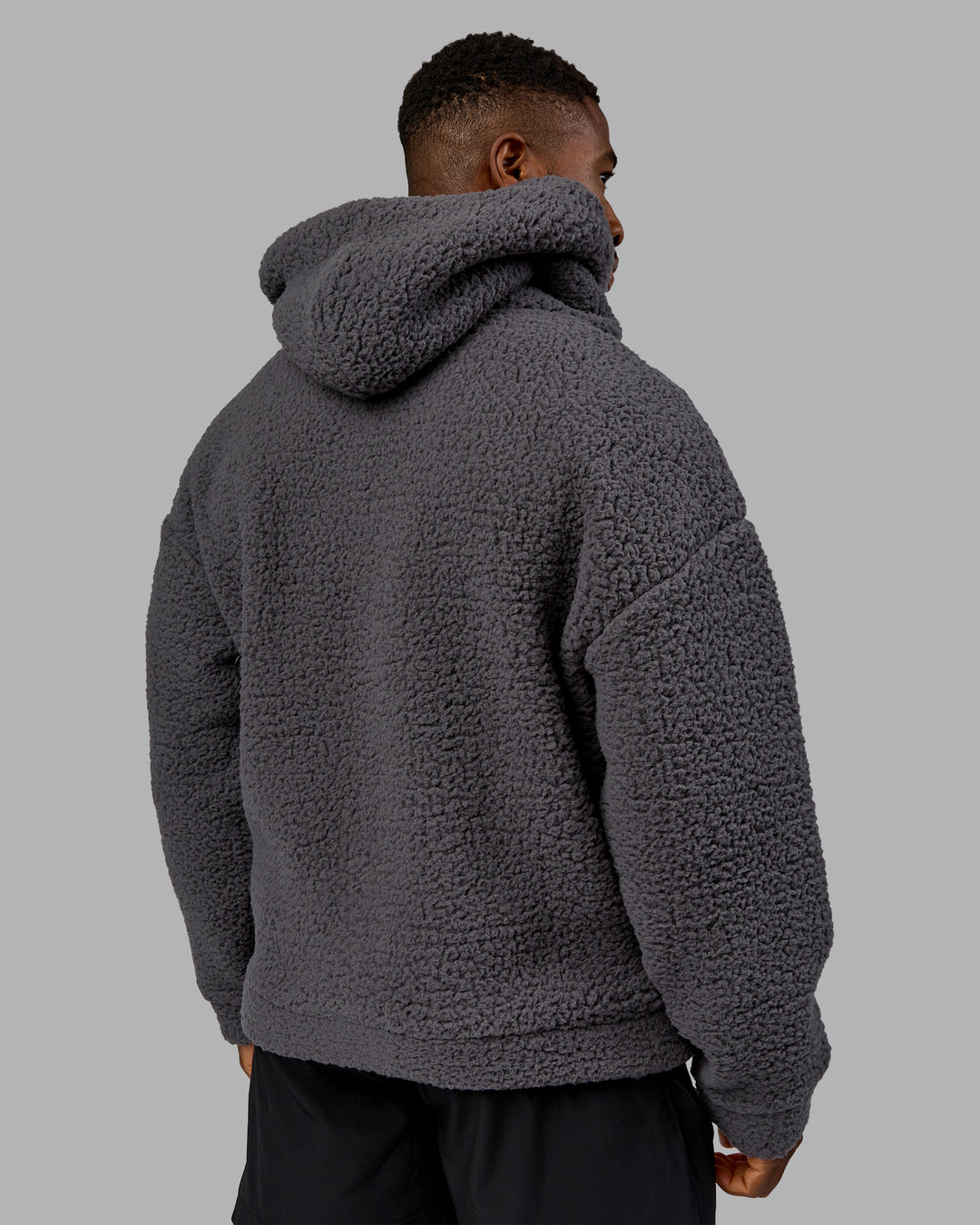Man wearing Sherpa Oversized Jacket - Dark Storm | Model:Sam | Size:L
