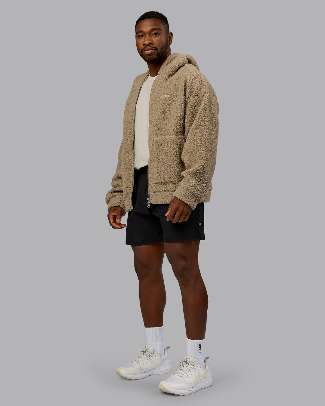 Man wearing Sherpa Oversized Jacket - Greige | Model:Sam | Size:L